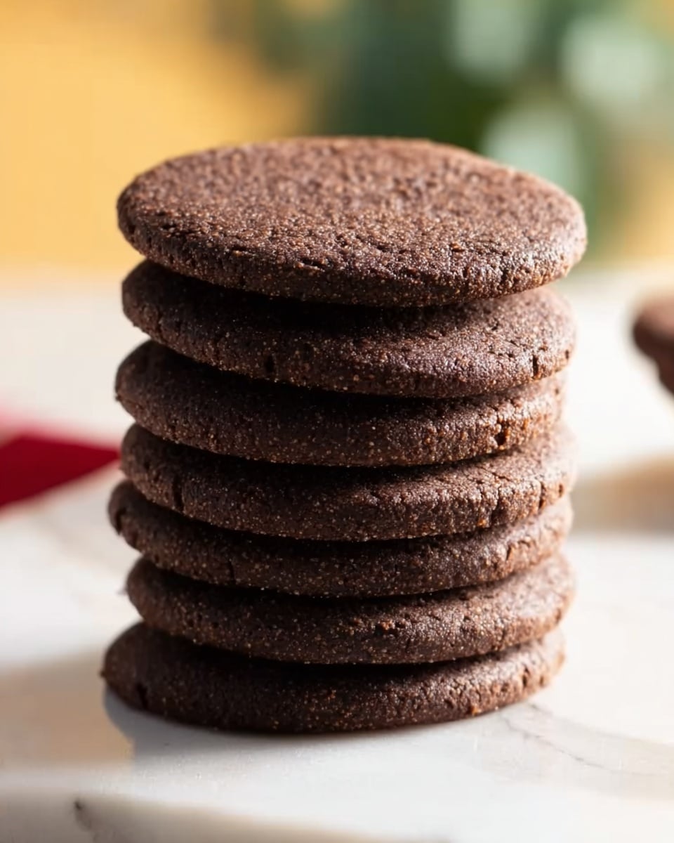 A stack of six thick, round chocolate cookies is shown on a white marbled surface, each cookie having a rough, slightly crumbly texture and a dark brown color. The cookies are unevenly layered with small cracks and a matte finish. The background is softly blurred with hints of warm yellow and green tones, creating a cozy feel. The stack is slightly leaning, showing the thickness of each cookie clearly. Photo taken with an iphone --ar 4:5 --v 7