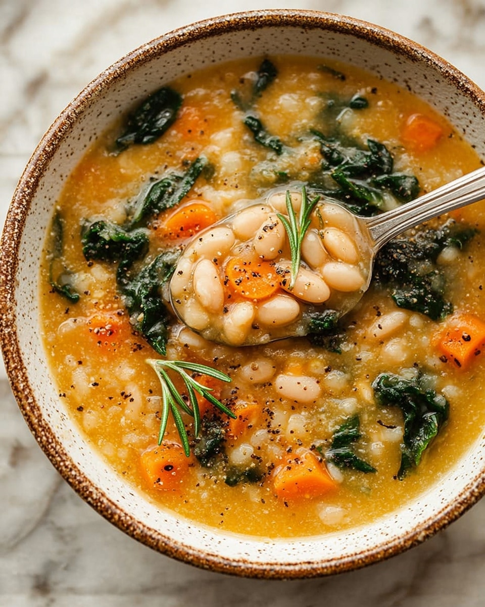 A close-up view shows a bowl of thick soup with creamy, light orange broth filled with white beans, small orange carrot pieces, and dark green spinach leaves. The soup looks chunky with some parts smooth and slightly shiny, and small black pepper specks sprinkled on top. A silver spoon is dipped in the soup, lifting some beans and broth with a small green rosemary sprig resting beside it. The bowl is white with rustic brown speckles around the rim, set on a white marbled surface. photo taken with an iphone --ar 4:5 --v 7