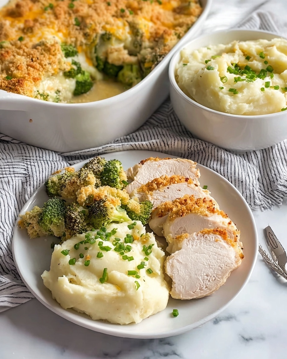 A white plate holds a serving of three food parts: two slices of cooked chicken breast with a light golden brown outside and white inside are placed on the right; next to them is a scoop of mashed potatoes topped with finely chopped green herbs; beside the potatoes is a portion of broccoli and cauliflower casserole with a crumbly golden-brown topping, showing layers of green broccoli, white cauliflower, and melted cheese inside. In the background, a round white baking dish displays the rest of the casserole with a thick crunchy top and the soft vegetable and cheese mix underneath. Another white plate holds more mashed potatoes garnished similarly. All items rest on a pink striped cloth over a white marbled surface. Photo taken with an iphone --ar 4:5 --v 7