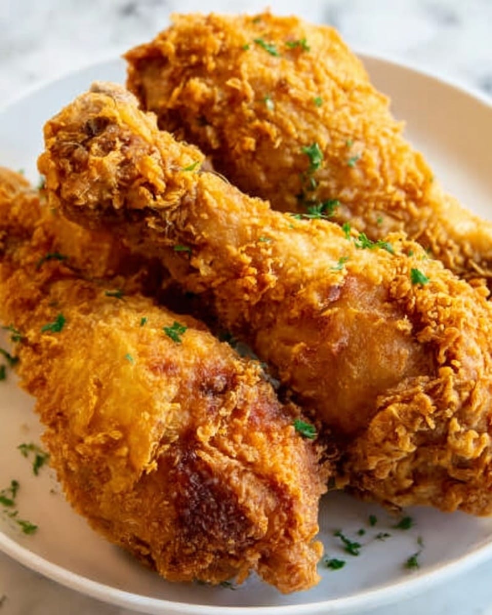 The image shows three pieces of fried chicken drumsticks on a white plate. The chicken is golden brown with a crunchy, bumpy texture and some small green herbs sprinkled on top. The drumsticks are placed close to each other, and the plate is set against a white marbled surface. Photo taken with an iphone --ar 4:5 --v 7