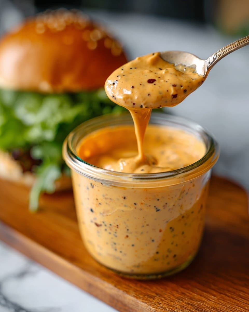 A close-up image showing a small clear glass jar filled with a creamy orange sauce that has visible black and red specks mixed throughout. A white spoon lifts a dollop of the thick sauce above the jar, with a small drip falling back into it. In the background, slightly out of focus, there is a sandwich with green leafy lettuce and a soft bun. The scene is set on a white marbled texture with soft natural light highlighting the sauce's smooth and rich texture. Photo taken with an iphone --ar 4:5 --v 7