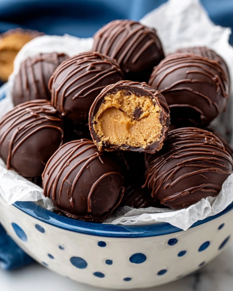 A close-up of a white bowl with blue dots filled with round chocolate balls, each with a shiny, smooth dark chocolate coating and thin drizzles of extra chocolate on top. One chocolate ball in the center is cut in half, showing a light beige, crumbly, peanut butter-like filling inside. The bowl is lined with white paper, and the background is a white marbled texture. Photo taken with an iphone --ar 4:5 --v 7