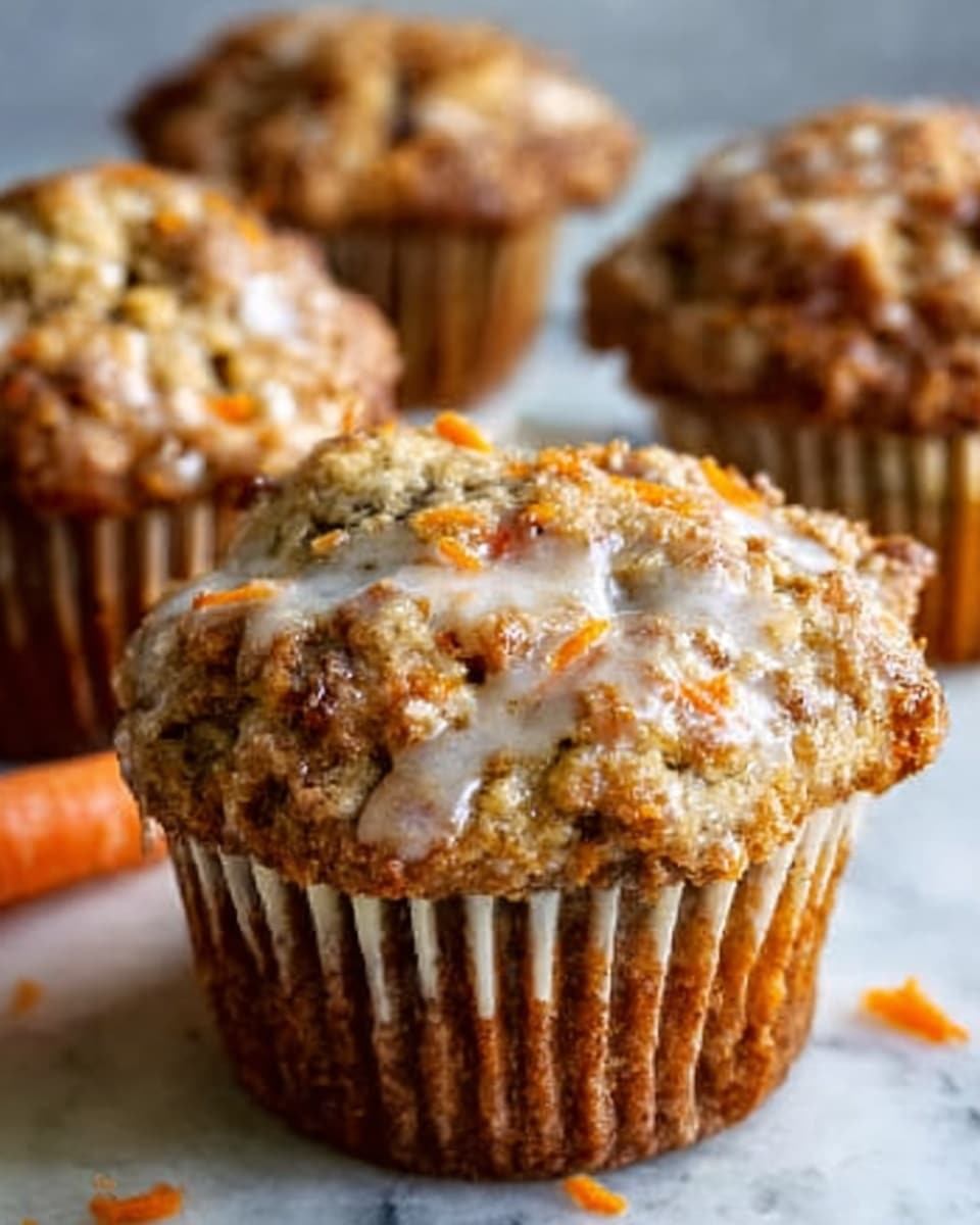 A close-up of three muffins with a moist, crumbly texture, showing small orange carrot bits and darker brown specks throughout. The muffins are topped with a light cream-colored drizzle that looks smooth and slightly glossy, dripping gently over the domed tops. They sit inside white paper liners with subtle ridges, placed on a white marbled surface. The lighting highlights the rough, crumbly tops and the creamy drizzle. Photo taken with an iphone --ar 4:5 --v 7