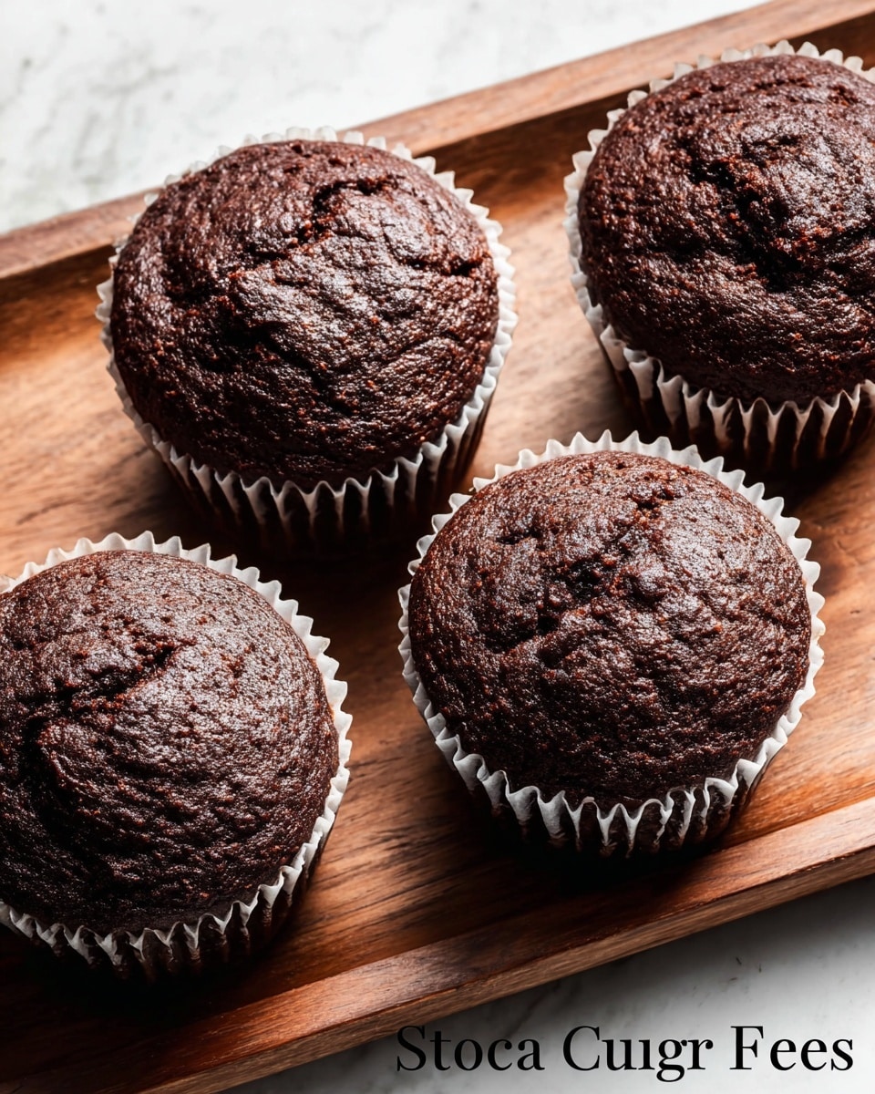 The image shows a close-up view of four cocoa muffins in white paper liners arranged in two rows of two, resting on a wooden tray with grooves. Each muffin has a rough, slightly cracked top with a rich dark brown color and moist texture. The muffins fill the frame and are closely placed, emphasizing their soft, fluffy interior beneath the slightly firm crust. The background is a white marbled texture. photo taken with an iphone --ar 4:5 --v 7