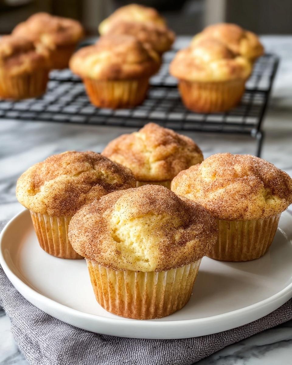 A white plate holds five golden brown muffins with a soft, slightly cracked top covered with a dusting of cinnamon sugar. Each muffin has a light yellow interior peeking through the cracks, and the muffin liners have streaks of cinnamon near the base. In the background, more muffins rest on a black cooling rack, slightly blurred. The scene is set on a white marbled surface with a gray cloth napkin partly under the plate. The light highlights the texture of the muffins, making them look warm and fresh. Photo taken with an iphone --ar 4:5 --v 7