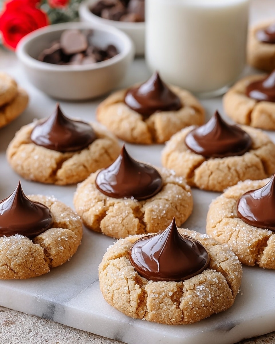 The image shows several round peanut butter cookies each topped with a smooth dollop of melted chocolate in the center. The cookies have a light golden-brown color with a slightly crumbly texture and some cracks around the edges. The chocolate on top is dark brown, glossy, and shaped like a small peak. All the cookies are placed closely together on a white marble round tray that sits on a wooden surface. In the background, there's a blurry glass of milk and a small white bowl with extra melted chocolate. photo taken with an iphone --ar 4:5 --v 7