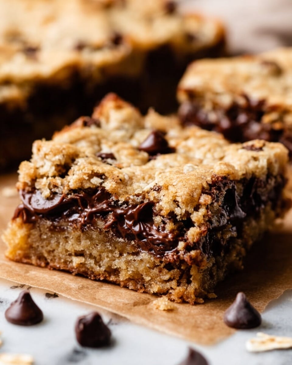 This image shows a close-up of a thick, square chocolate chip cookie bar with two main layers. The top layer is golden brown and crumbly with a rough texture, while the bottom layer is dense and dark brown, filled with melted chocolate chips that drip slightly from the sides. The bar sits on brown parchment paper, scattered with whole chocolate chips and some oats. The overall look is warm and gooey, with a contrast between the crisp top and soft, rich chocolate inside. Photo taken with an iphone --ar 4:5 --v 7