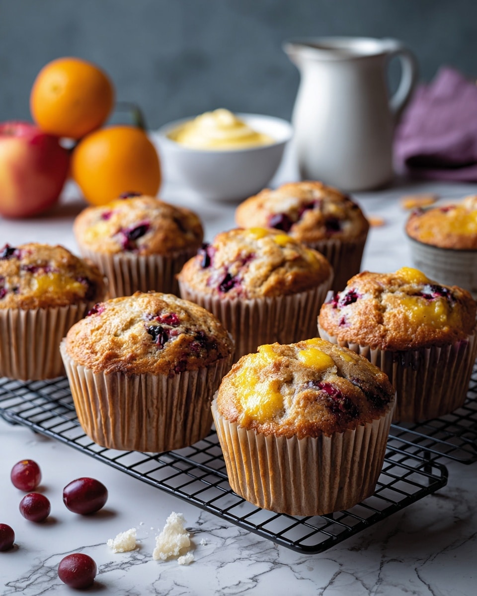 The image shows eight muffins cooling on a metal wire rack set on a white marbled surface. Each muffin has a light brown outer layer with visible dark red berry pieces and a bright yellow custard-like topping in spots on the top surface. The muffins are in light yellow and dark brown paper cups. In the background, there is a white bowl with a large spoon containing a yellow custard or cream, some whole plums and nectarines, and a purple jar, all placed against a dark blurred backdrop. Photo taken with an iphone --ar 4:5 --v 7