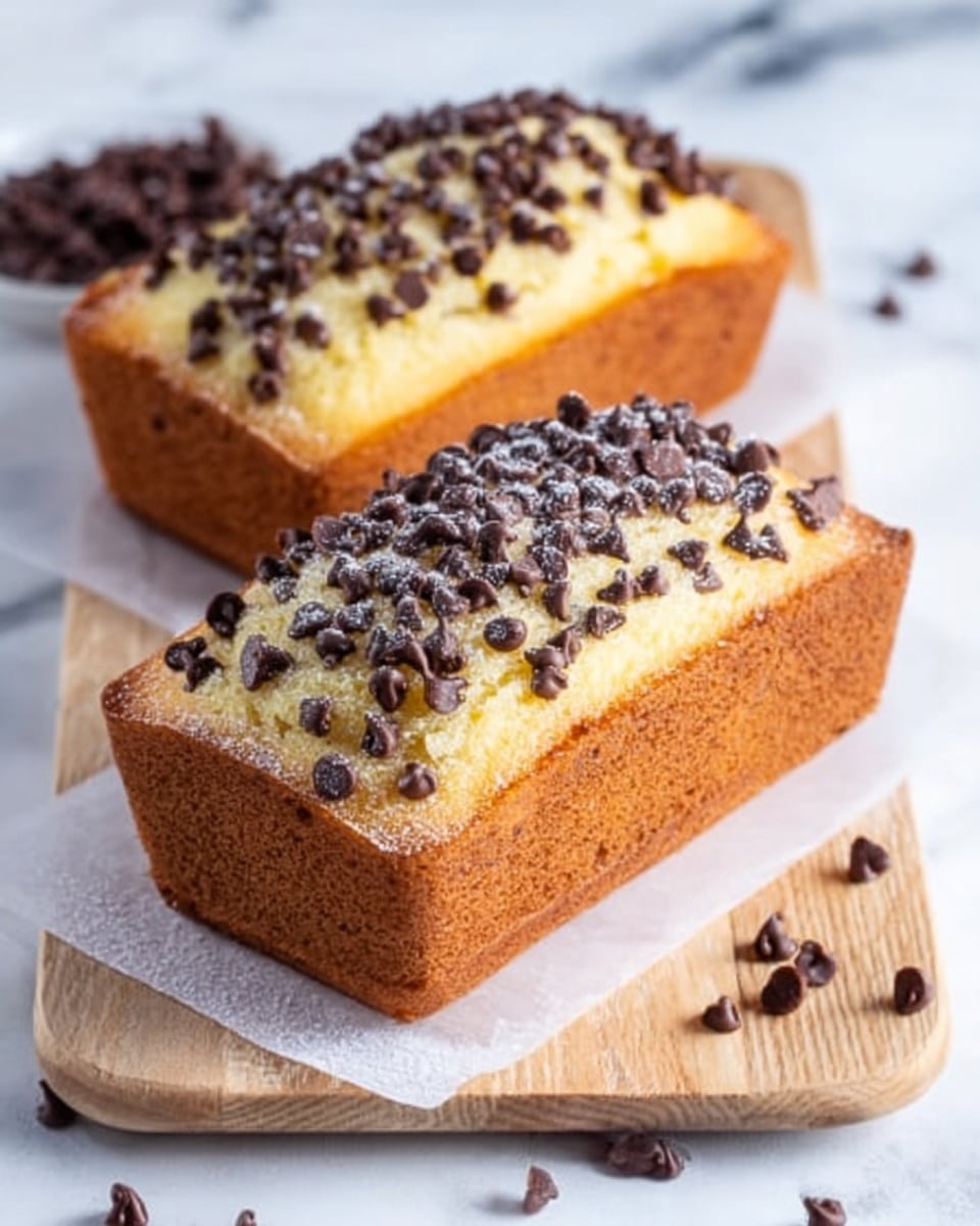Two rectangular loaf cakes sit on white parchment paper on a wooden board. Each cake has a golden-brown crust with a soft, light yellow inside. The top layer of the cakes is covered with many small, dark brown chocolate chips scattered evenly. The texture of the cakes looks moist and fluffy, and some chocolate chips are also scattered on the white marbled surface around the board. Photo taken with an iphone --ar 4:5 --v 7