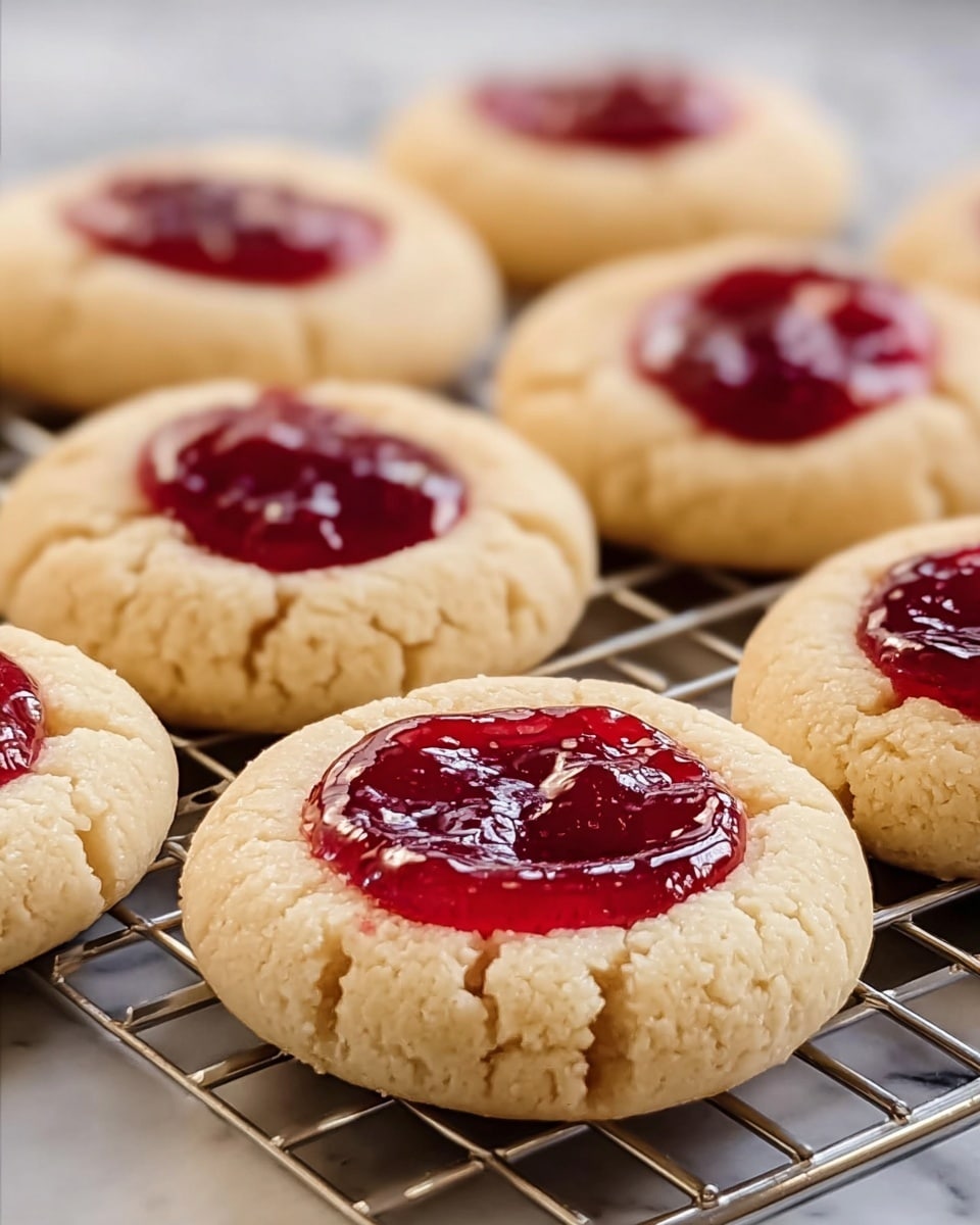 The image shows eight round thumbprint cookies arranged on a cooling rack over a white marbled surface. Each cookie has two layers: the base is a thick, light beige crumbly dough with visible cracks and a rough texture. The top layer is a dollop of glossy red jam, slightly domed and centered in each cookie's indentation with a shiny, smooth surface that reflects light. The cookies are evenly spaced, with four in the front row and four in the back, all appearing freshly baked. Photo taken with an iphone --ar 4:5 --v 7