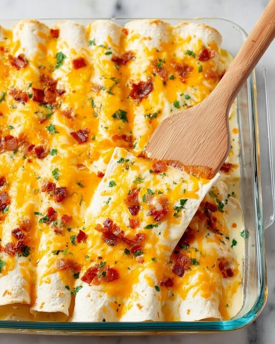 The image shows a glass baking dish filled with rolled enchiladas arranged in two rows. Each enchilada has a soft, white flour tortilla base, covered with a melted layer of yellow cheddar and white cheese, sprinkled with small crispy bits of reddish-brown bacon and small green herb pieces on top. A wooden spatula is lifting one enchilada, showing the soft layers of tortilla and cheese inside. The baking dish sits on a white marbled surface. photo taken with an iphone --ar 4:5 --v 7
