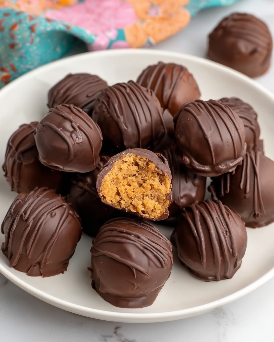 The image shows a white round plate full of chocolate-covered round treats with a smooth and shiny dark brown chocolate coating. Some of the treats have thin stripes of darker chocolate drizzled on top, adding a textured pattern. One treat is broken in half, showing an orange-brown crunchy inside layer with a crumbly texture. The plate is placed on a white marbled surface with some colorful cloths partially visible at the edges. Photo taken with an iphone --ar 4:5 --v 7