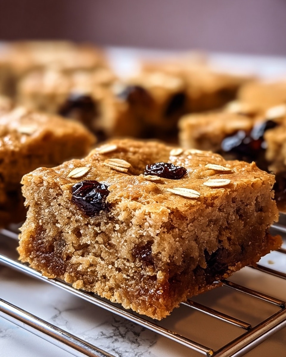 The image shows a close-up of thick, square blondies with a rough crumbly texture, each about two layers thick. The bottom layer is a dense, golden-brown baked base that looks moist and slightly chewy. The top layer is a light golden crust with a few visible oats scattered on the surface and whole raisins embedded deep inside, creating dark, glossy spots that contrast with the golden color. The blondies are resting on a shiny metal wire rack against a soft, blurred background. photo taken with an iphone --ar 4:5 --v 7