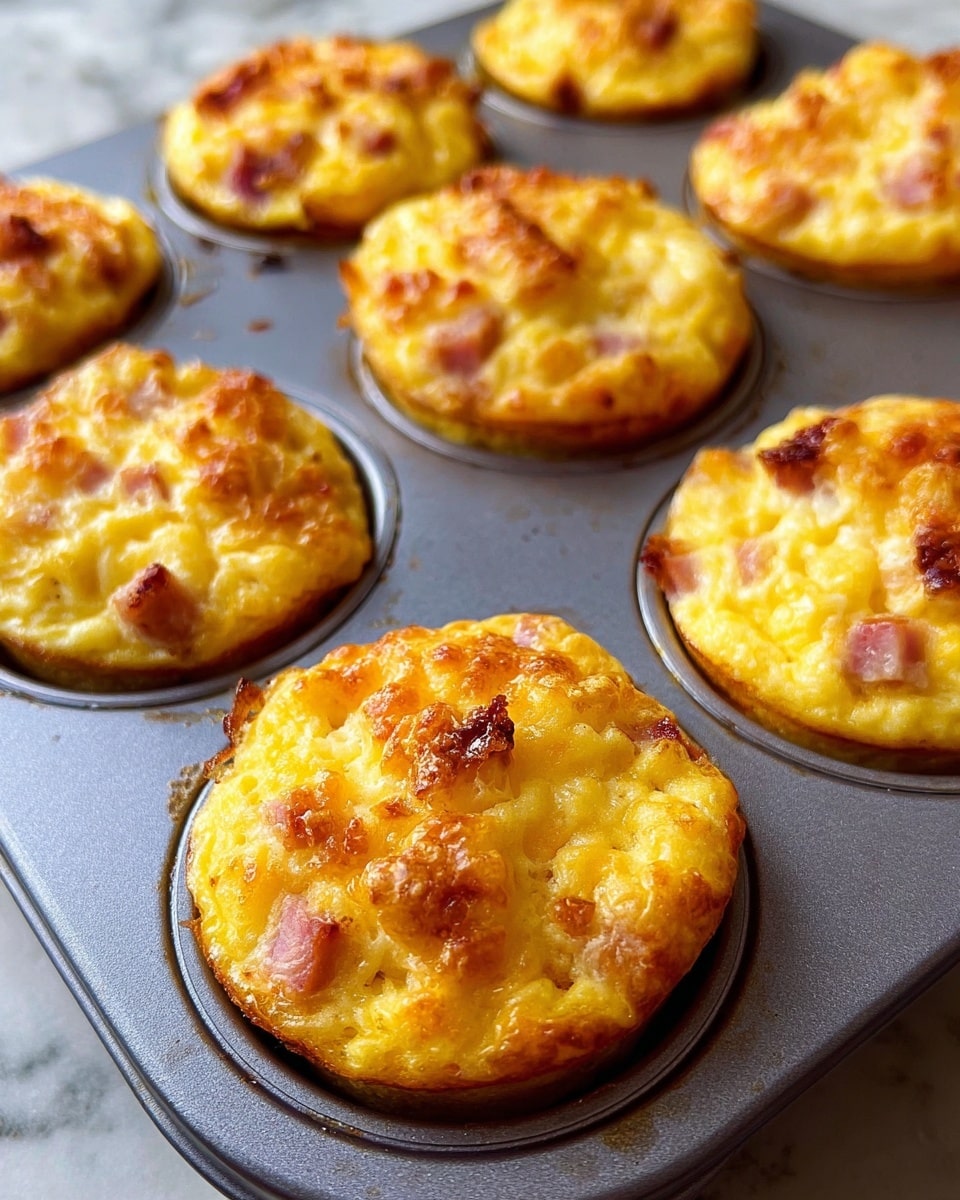 The image shows a close-up of several golden-brown egg muffins baked in a dark muffin pan. Each muffin has a rough, slightly crispy top layer with bits of browned cooked ham scattered on the surface, giving contrast with pinkish-red patches. The muffins are thick with a fluffy, slightly uneven texture and a soft yellow color underneath the browned areas. The background shows a white marbled surface and soft natural light coming from the side, creating a warm and inviting feel. photo taken with an iphone --ar 4:5 --v 7