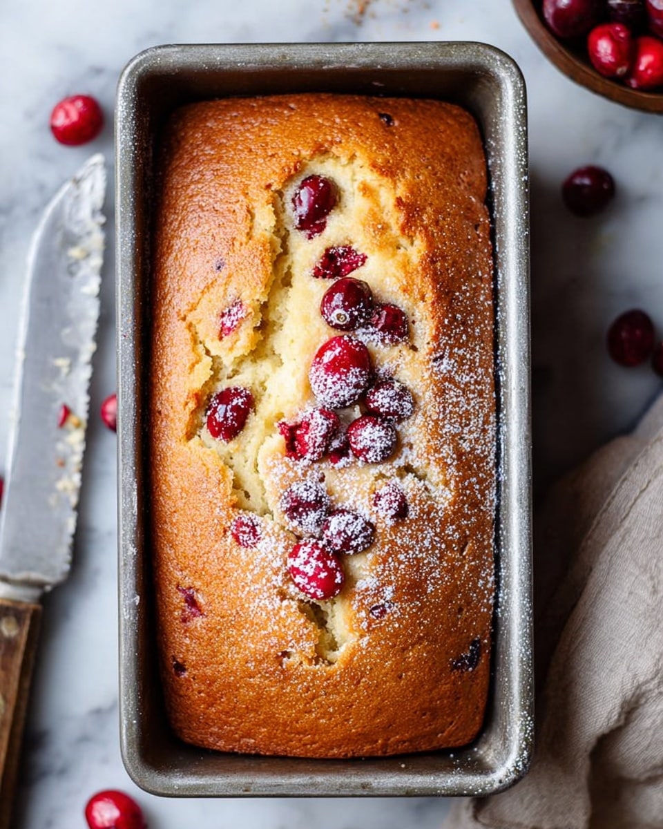 The image shows a single loaf of golden-brown cranberry bread inside a metal baking pan. The top crust is cracked down the middle, revealing soft, light yellow bread beneath, dotted with whole red cranberries both inside the crack and scattered on the surface. Some cranberries appear slightly sunken into the bread, and a light dusting of powdered sugar is sprinkled over the crust. The pan rests on a white marbled surface with whole cranberries scattered around nearby and a knife with a wooden handle visible on the right side. photo taken with an iphone --ar 4:5 --v 7