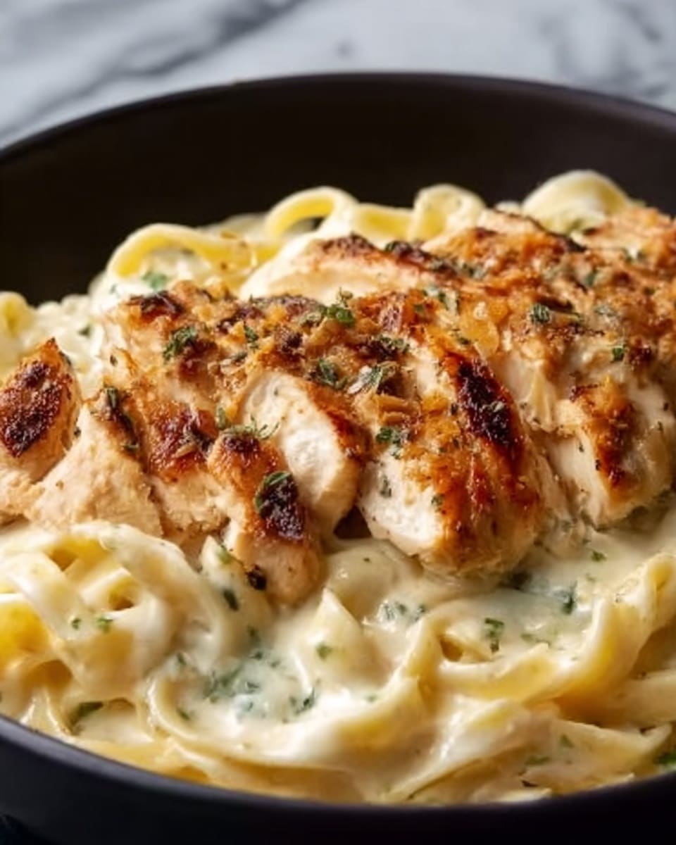 The image shows a close-up of creamy fettuccine pasta served in a white bowl. The bottom layer is the fettuccine noodles, creamy and smooth, pale yellow in color with a rich sauce coating each strand. On top of the pasta is a thick layer of melted cheese, golden brown and slightly crispy with small browned spots and herbs sprinkled across. The cheese has a bubbly texture, indicating it is fresh from the oven. The background is a white marbled surface. Photo taken with an iphone --ar 4:5 --v 7