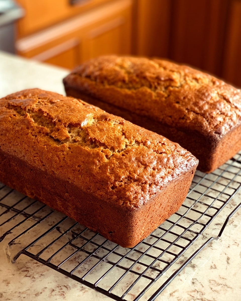 Two freshly baked brown loaves of bread with cracked tops sit on a black wire cooling rack. The loaves have a rough, slightly uneven texture and are rectangular in shape. The wire rack rests on a white marbled surface with kitchen cabinets and a dark wall softly blurred in the background. The lighting highlights the warm golden tones of the bread crusts. Photo taken with an iphone --ar 4:5 --v 7
