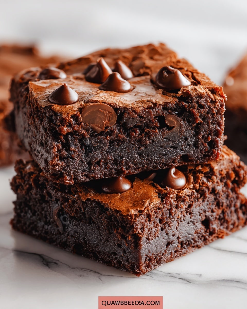 The image shows two stacked chocolate brownies on a white marbled surface. The brownies have a soft, dense texture with a rich dark brown color and visible chocolate chips embedded inside and on top. The top brownie is placed diagonally on the bottom one, showing its moist interior and edges with a slightly cracked crust. The chocolate chips on top are glossy and slightly melted, adding a smooth texture contrast to the crumbly brownie surface. photo taken with an iphone --ar 4:5 --v 7
