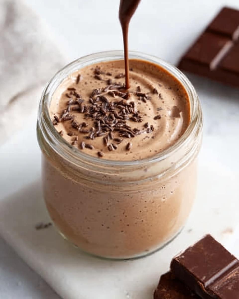 The image shows a small clear glass jar filled with light brown chocolate mousse. The mousse has a smooth, creamy texture with small chocolate flakes sprinkled on top. A thin stream of chocolate is being poured gently into the center of the mousse, causing soft ripples on the surface. The jar is placed on a white marbled surface with pieces of broken chocolate nearby, adding a rich, inviting feeling to the scene. photo taken with an iphone --ar 4:5 --v 7