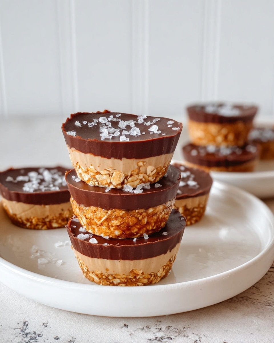 The image shows a close-up of small dessert cups stacked on a white plate with a white marbled surface underneath. Each cup has three layers: a bottom layer of light brown crunchy oats, a middle layer of smooth, creamy peanut butter in tan color, and a top layer of dark chocolate that looks glossy and firm, sprinkled lightly with white flakes. The three stacked cups are in the center, with more cups blurred softly in the background. The scene is bright with natural light and a simple white vertical panel background. photo taken with an iphone --ar 4:5 --v 7