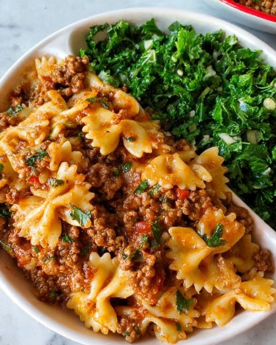 The image shows a white divided plate on a white marbled surface. One section of the plate contains bowtie pasta mixed with a thick meat sauce that has ground beef, visible herbs, and bits of tomato, giving it a mix of brown, red, and green colors with a slightly glossy texture. The other section holds chopped leafy green vegetables that look fresh and slightly moist. The dish looks warm and hearty with a mix of textures from soft pasta and chunky meat sauce photo taken with an iphone --ar 4:5 --v 7