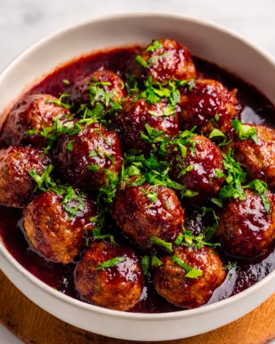 A white bowl filled with small, round meatballs covered in a shiny, dark red sauce, topped with small green herb leaves scattered evenly over the meatballs. The meatballs have a slightly rough texture, showing they are cooked well, and the sauce looks thick and sticky, coating each meatball fully. The bowl sits on a light wooden surface, but the surface appears as white marble texture. photo taken with an iphone --ar 4:5 --v 7