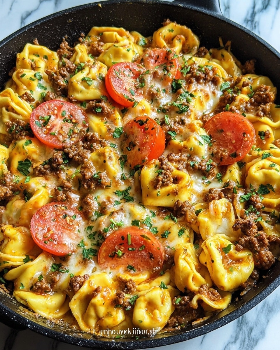 The image shows a close-up view of cooked tortellini pasta mixed with ground meat in a white skillet. The pasta is golden yellow and looks soft, with some pieces folded into rings. The ground meat is brown and crumbly, scattered evenly among the pasta. There are thin slices of red tomato peeking through the layers, along with chopped green herbs sprinkled on top. Some melted cheese adds a creamy texture, blending lightly with the meat and pasta. The dish sits on a surface with a white marbled texture. photo taken with an iphone --ar 4:5 --v 7