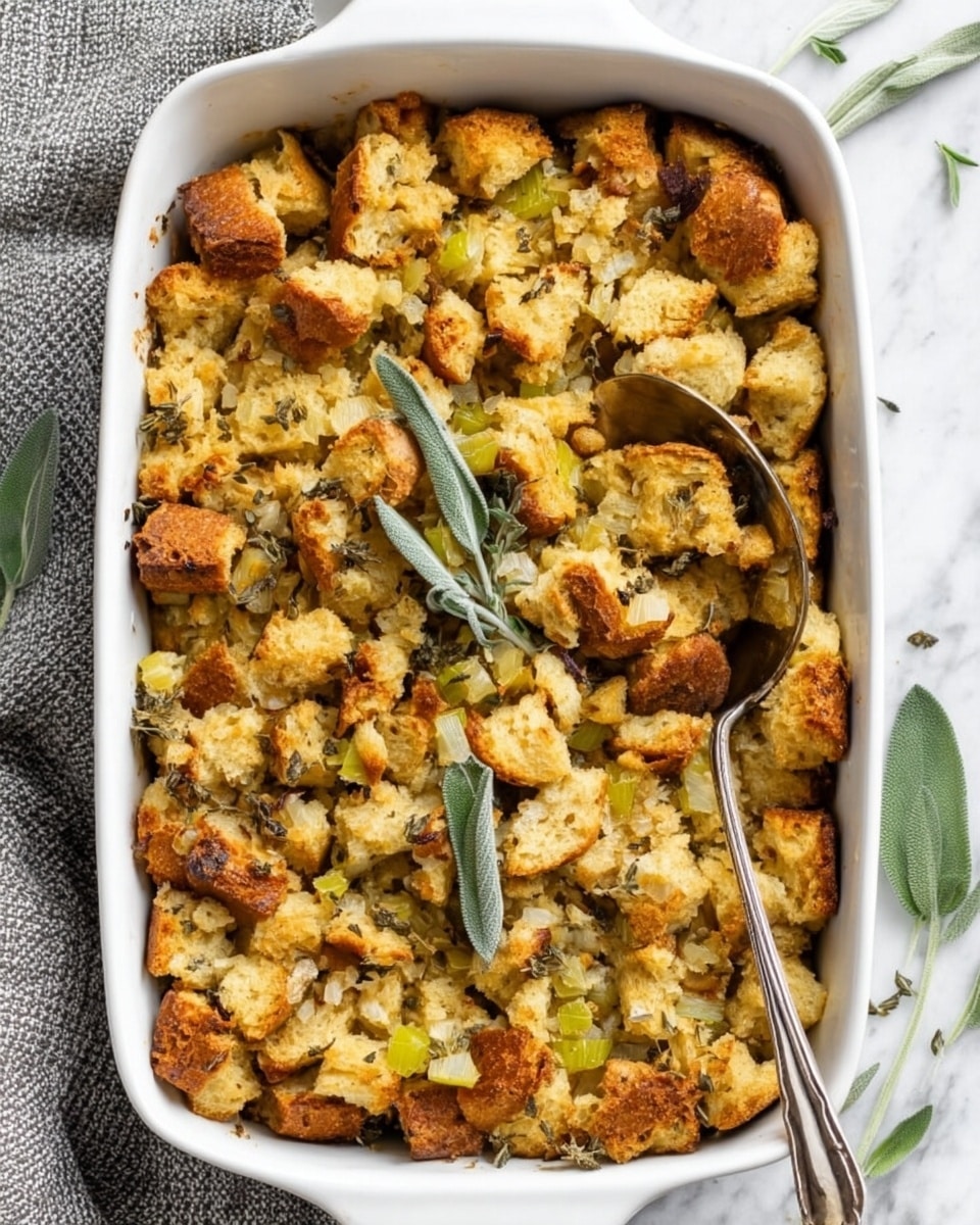 A white rectangular baking dish filled with a layered stuffing made of torn golden brown bread pieces mixed with small chopped celery and herbs. The stuffing has a rough, uneven texture with some crispy edges and is garnished with two fresh green sage sprigs, one placed on top and one on the side. A silver spoon with intricate designs rests inside the dish, slightly scooping out a portion. The dish sits on a white marbled surface with some additional sage leaves nearby. photo taken with an iphone --ar 4:5 --v 7