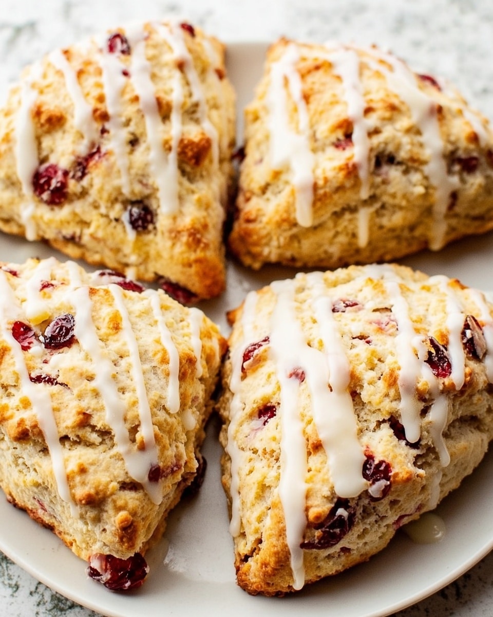 The image shows three triangular scones on a white plate, each scone having a golden-brown crust with a rough texture. The scones are studded with dark red dried cranberries that peek through the light, airy dough. A white glaze is drizzled generously over the tops, dripping lightly down the sides, enhancing their moist look. The background is a white marbled texture, adding a clean, refined feel to the presentation. photo taken with an iphone --ar 4:5 --v 7