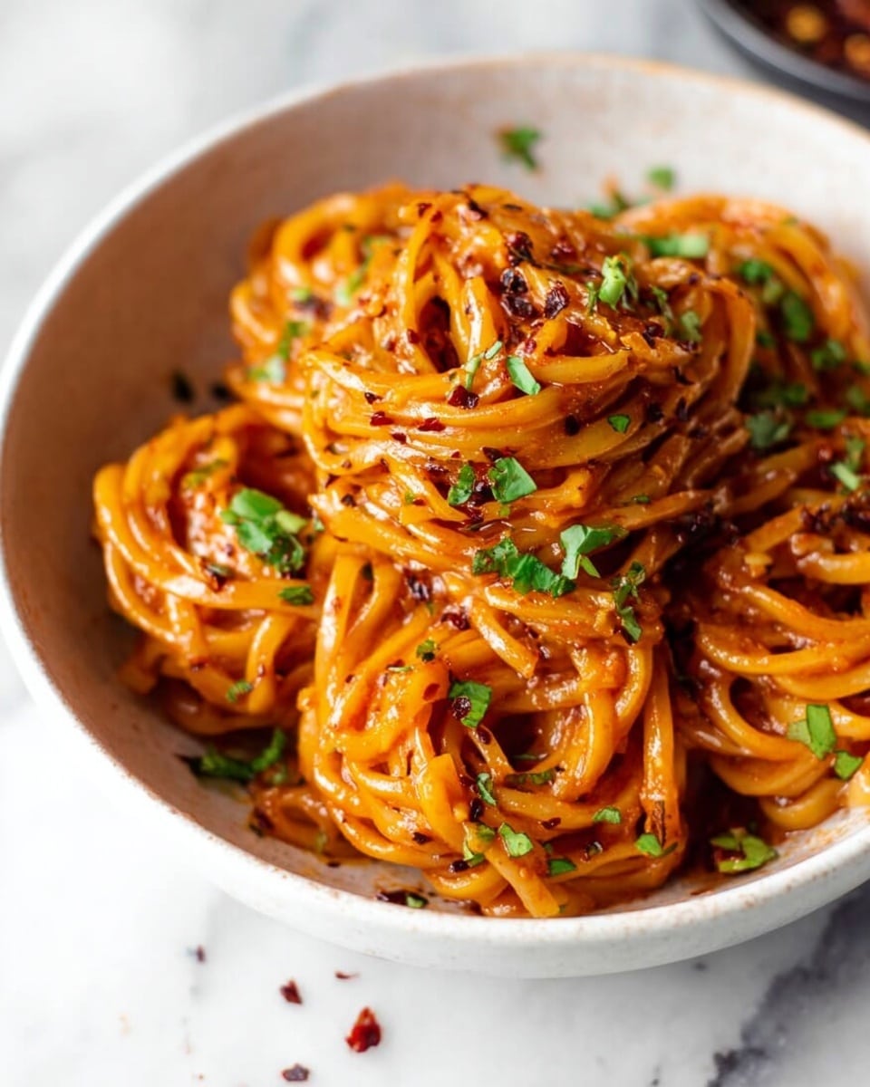 A close-up view of a white bowl filled with thick noodles coated in a vibrant orange sauce, with a slightly glossy texture. The noodles are twisted in soft, rounded bundles that give a sense of warmth and richness. On top, there are scattered small green leaves, likely fresh herbs, adding a pop of green color and a fresh look. Around the bowl on the white marbled surface, small bits of herbs and some crushed red flakes are scattered, giving a casual and natural touch to the setting. photo taken with an iphone --ar 4:5 --v 7
