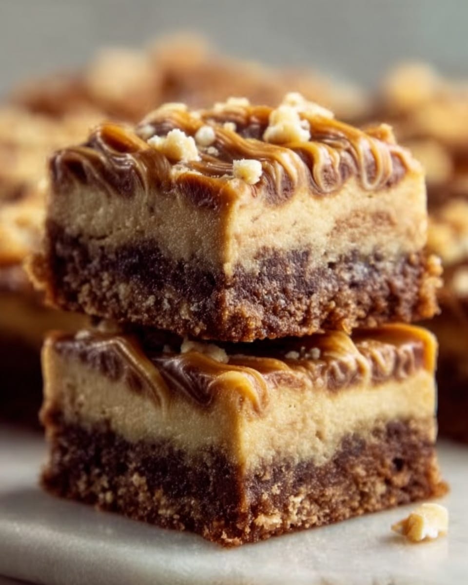 The image shows two stacked dessert bars with three clear layers: the bottom layer is a dark brown, thick, and chewy-looking brownie; the middle layer is light brown with a slightly creamy texture; the top layer is glossy and caramel-colored with a generous drizzle of smooth caramel sauce. The bars have a dense and moist look, with the caramel sauce flowing slightly around the edges, highlighting the rich, sweet topping. The background features a white marbled surface. Photo taken with an iphone --ar 4:5 --v 7