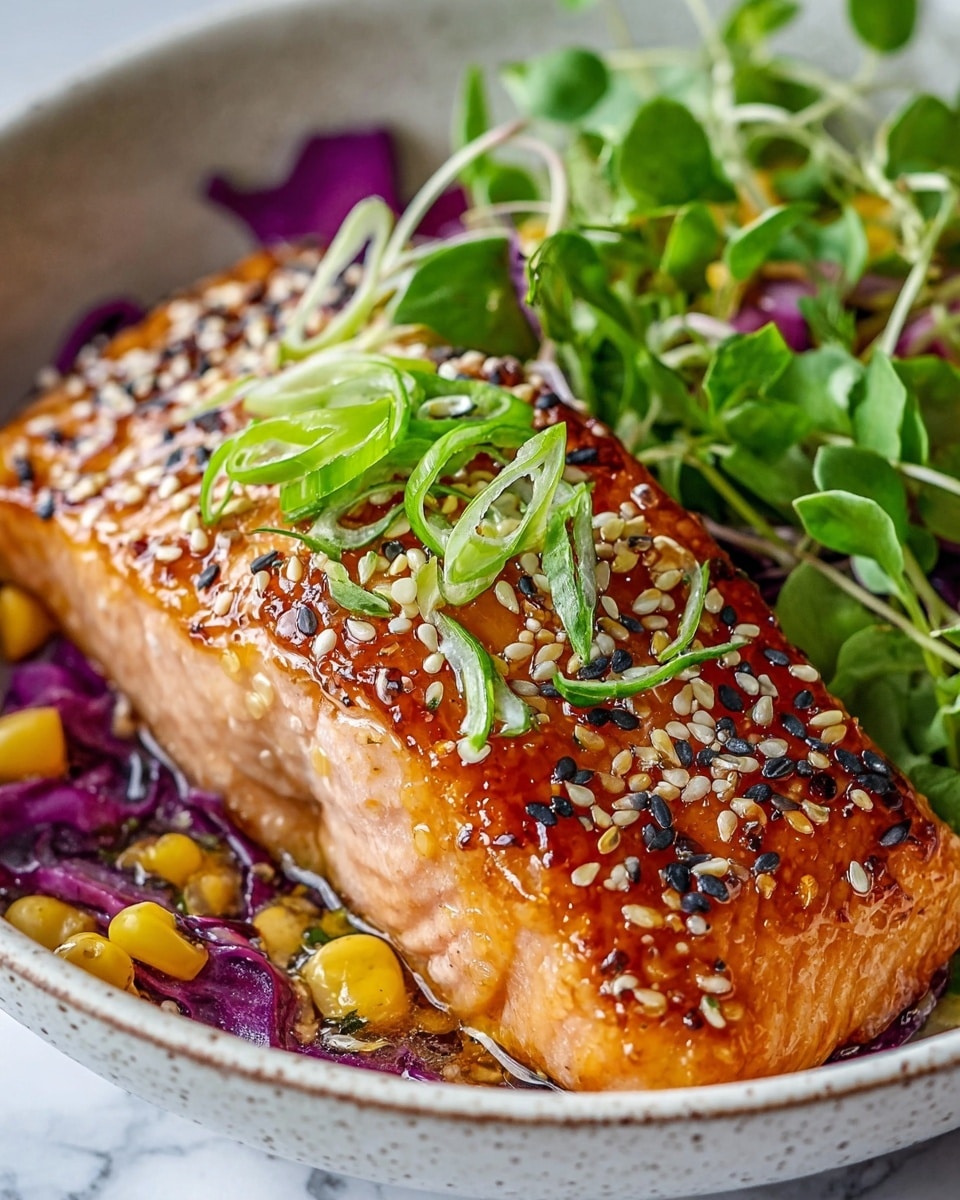The image shows a bowl with a piece of cooked salmon fillet as the main focus, which is golden brown and covered with toasted white and black sesame seeds and small slices of green onion on top. The salmon rests slightly on a dark, glossy sauce with visible bits of yellow corn and purple cabbage around it. Fresh green leafy watercress fills the left side of the bowl, adding a fresh contrast to the rich colors of the fish and sauce. The bowl is white with a subtle speckled pattern, set on a white marbled surface. Photo taken with an iphone --ar 4:5 --v 7