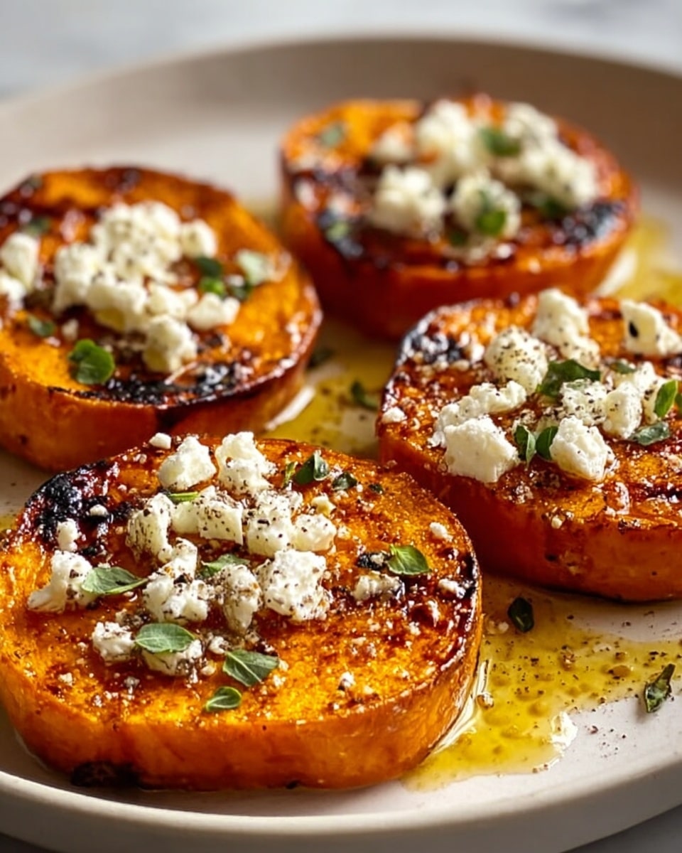 Four thick round slices of roasted sweet potato with golden brown edges are placed on a white plate. Each slice is topped with small white crumbles of cheese, scattered fresh green herb pieces, and sprinkled black pepper. There is a light drizzle of shiny olive oil pooled around the slices, adding a glossy texture. The plate rests on a white marbled surface, and the close-up view captures the soft, slightly caramelized texture of the sweet potatoes. Photo taken with an iphone --ar 4:5 --v 7