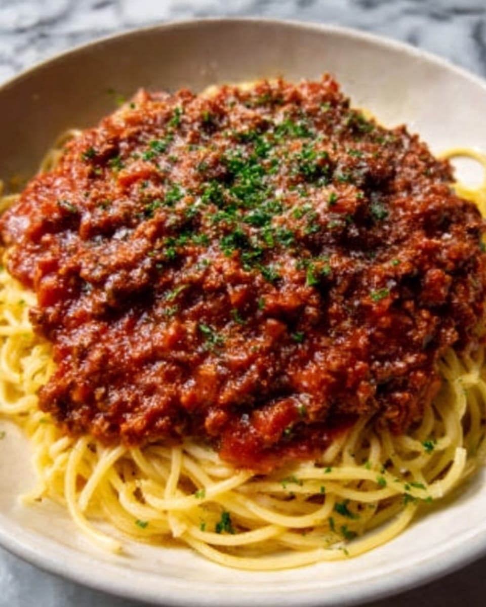 A white bowl holds a serving of spaghetti topped with a thick red meat sauce that covers the pasta completely. The sauce has a chunky texture with bits of meat and is sprinkled with finely chopped green herbs on top. The noodles beneath are light yellow and slightly glossy, visible around the edges of the sauce. The whole dish sits on a white marbled surface. Photo taken with an iphone --ar 4:5 --v 7