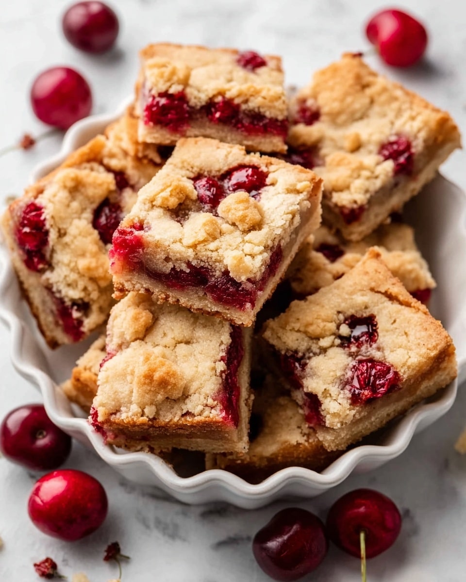 The image shows a white scalloped bowl filled with square pieces of crumbly cherry bars. Each piece has a golden-brown crust on the top and bottom layers, with a bright red cherry filling in the middle. The cherry layer is visible through the cracks of the crumbly top, adding a pop of shiny red color. Around the bowl, some fresh cherries are scattered on a white marbled surface. The lighting highlights the texture of the crust and the juicy cherries. Photo taken with an iphone --ar 4:5 --v 7