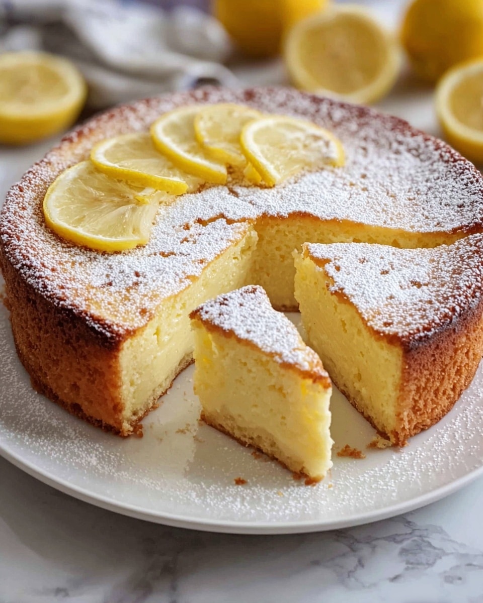 A round lemon cake with a light golden crust sits on a white plate over a white marbled surface, dusted thickly with powdered sugar. The cake has a single thick layer of pale yellow inside, showing a soft and creamy texture with small air holes. Five thin slices of fresh lemon are neatly arranged on one side of the top surface. A large slice is cut out and placed next to the cake, revealing the even thickness and moist interior. Whole lemons appear blurred in the background. photo taken with an iphone --ar 4:5 --v 7