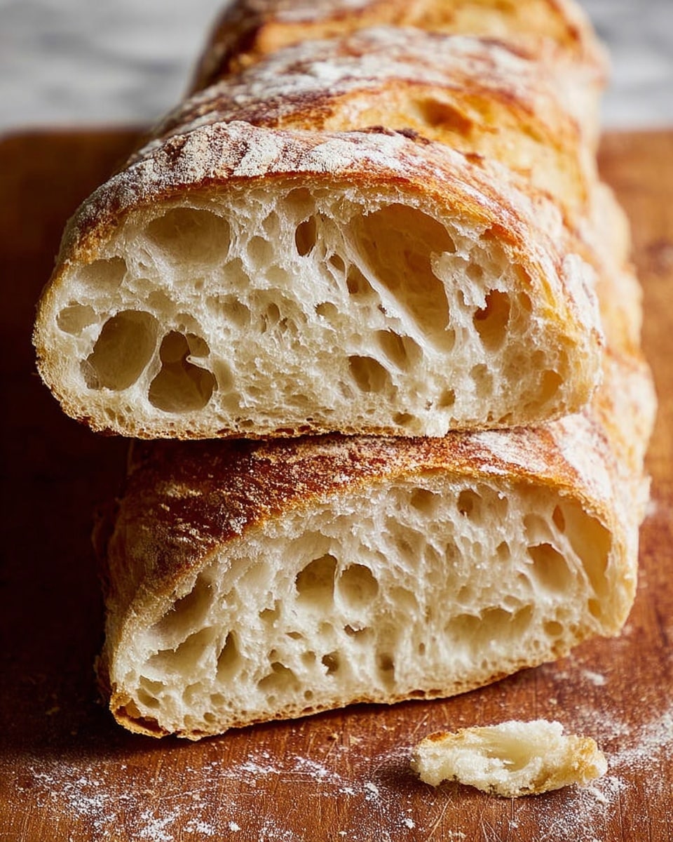 A close-up image of a loaf of bread sliced in half horizontally, stacked with the top half slightly behind the bottom half on a wooden surface sprinkled with flour. The bread has a golden-brown crust with rough, cracked texture and white flour dusting on top. The inside is light cream-colored with a spongy texture full of large, irregular air pockets, giving it an airy look. The background is out of focus but has a warm, soft tone. photo taken with an iphone --ar 4:5 --v 7