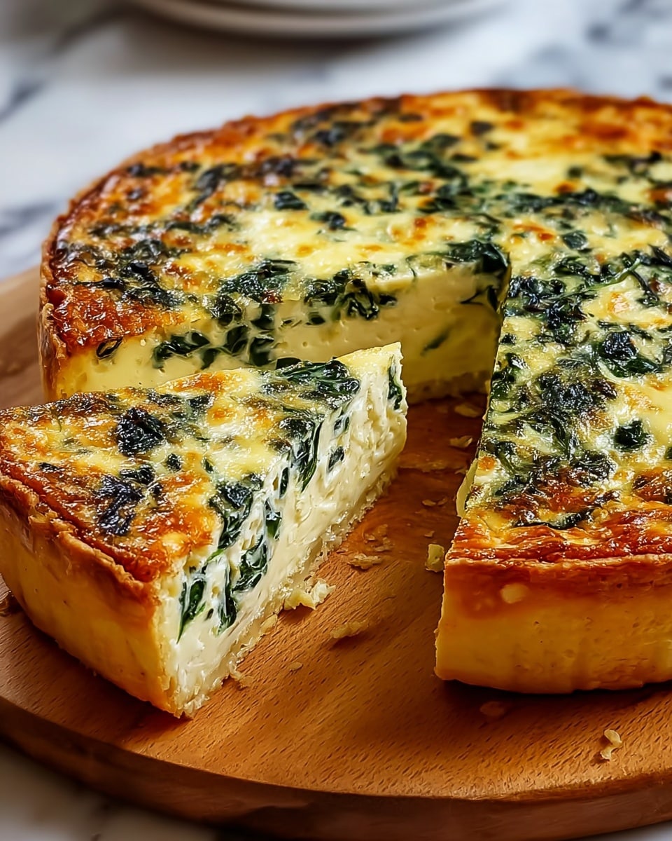 A round quiche with one slice removed shows three main layers: a golden brown, slightly flaky crust at the bottom and edges, a thick creamy yellow filling mixed evenly with chopped dark green spinach, and a top layer that is a golden, slightly browned baked cheese and spinach mixture with a shiny, slightly crispy texture. The quiche sits on a light brown wooden cutting board, and the background features a white marbled surface subtly blurred out. Photo taken with an iphone --ar 4:5 --v 7
