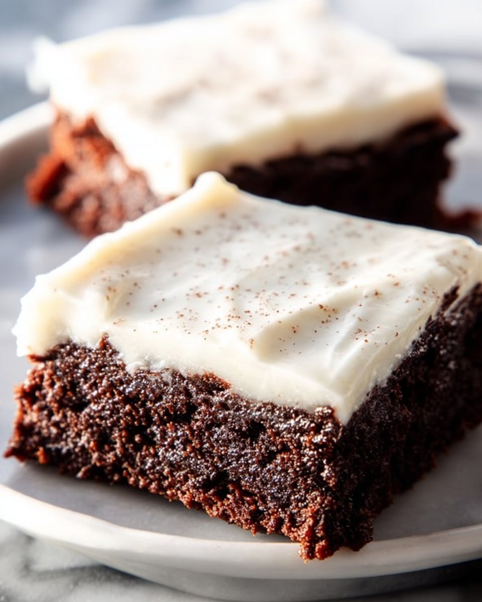 The image shows two square chocolate brownies on a white plate, placed on a white marbled surface. Each brownie has two layers: the bottom layer is thick and dark brown with a rough, crumbly texture, while the top layer is a smooth, creamy white frosting sprinkled lightly with a brown powder. The brownies are close up, showing the contrast between the dark chocolate base and the pale frosting. Photo taken with an iphone --ar 4:5 --v 7
