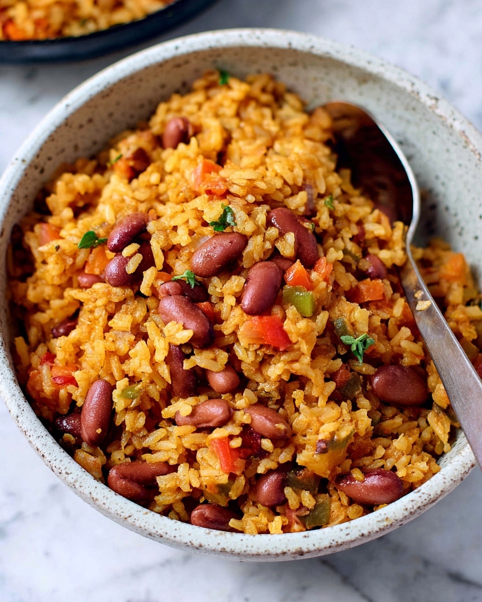 A close-up of a bowl filled with cooked rice mixed with red beans and small pieces of orange and green vegetables. The rice is yellow-orange in color, with visible soft texture, and the red beans are scattered throughout, giving a rich contrast. The bowl is white with a speckled gray pattern, and a silver spoon is placed inside the bowl, partially buried in the rice mixture. The background is a white marbled surface, and another bowl with more of the same dish is blurred in the back. Photo taken with an iphone --ar 4:5 --v 7