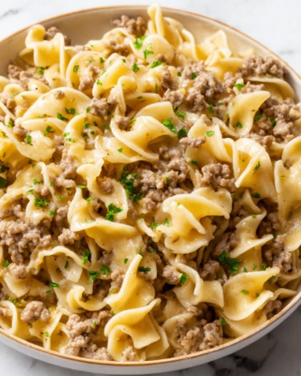 A close-up image of a dish with three layers: the bottom layer is a bed of white wide egg noodles with a curly texture, the second layer is cooked ground beef, lightly browned and crumbly, spread evenly over the noodles, and the top layer is small sprigs of green fresh parsley scattered across the beef and noodles, adding a pop of color. The dish is served in a white bowl with a white marbled surface in the background. Photo taken with an iphone --ar 4:5 --v 7