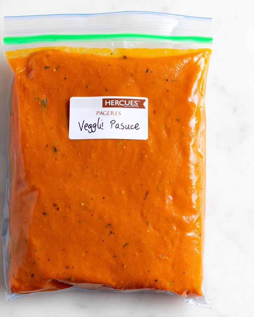 A clear plastic bag filled with bright orange veggie pasta sauce, showing a smooth, slightly thick texture with tiny darker specks throughout. The bag is sealed at the top with a green and white ziplock strip. On the front of the bag, there is a white label with “HERCULES” printed in brown on the left and handwritten words “Veggie Pasta Sauce” in black ink next to it. The bag is laid flat on a white marbled texture. photo taken with an iphone --ar 4:5 --v 7