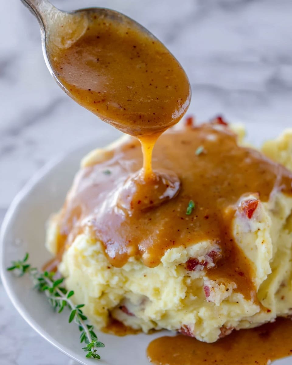 The image shows a close-up of creamy mashed potatoes topped with thick, brown gravy. The mashed potatoes are light beige with small red potato skin pieces visible, giving texture and color contrast. The gravy is smooth and glossy, dripping slightly over the uneven surface of the potatoes, adding a rich, warm brown layer on top. The food is served in a white bowl, set against a white marbled surface in the background. photo taken with an iphone --ar 4:5 --v 7