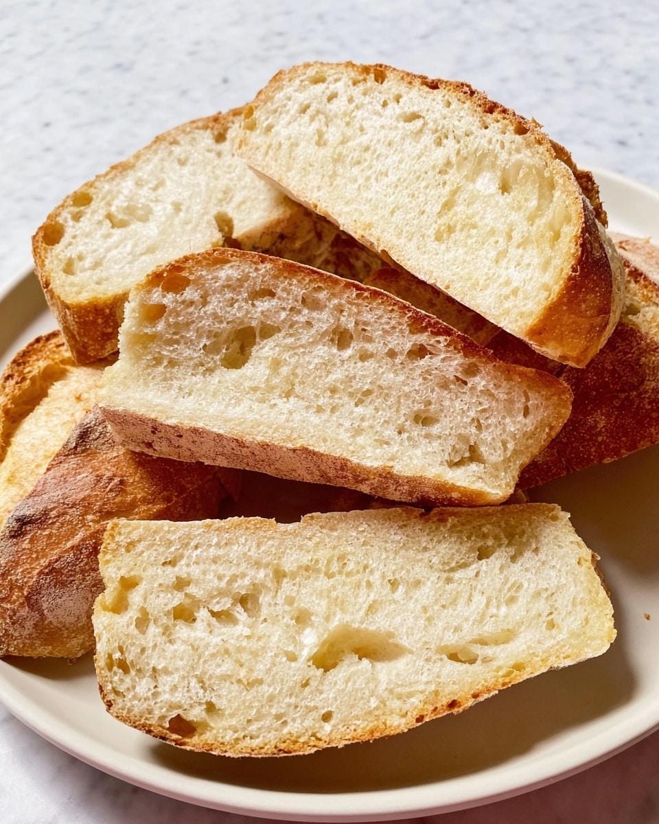 Several slices of crusty white bread with a golden-brown crust and soft, porous white inside are piled on a white square plate. The bread slices show a rough texture on the crust with a slightly crunchy appearance, while the interior of each slice looks airy and light, dotted with small holes. The bread pieces are stacked unevenly, with some leaning on each other and one piece angled to reveal the soft crumb inside. The setting includes a white marbled surface under the plate. photo taken with an iphone --ar 4:5 --v 7