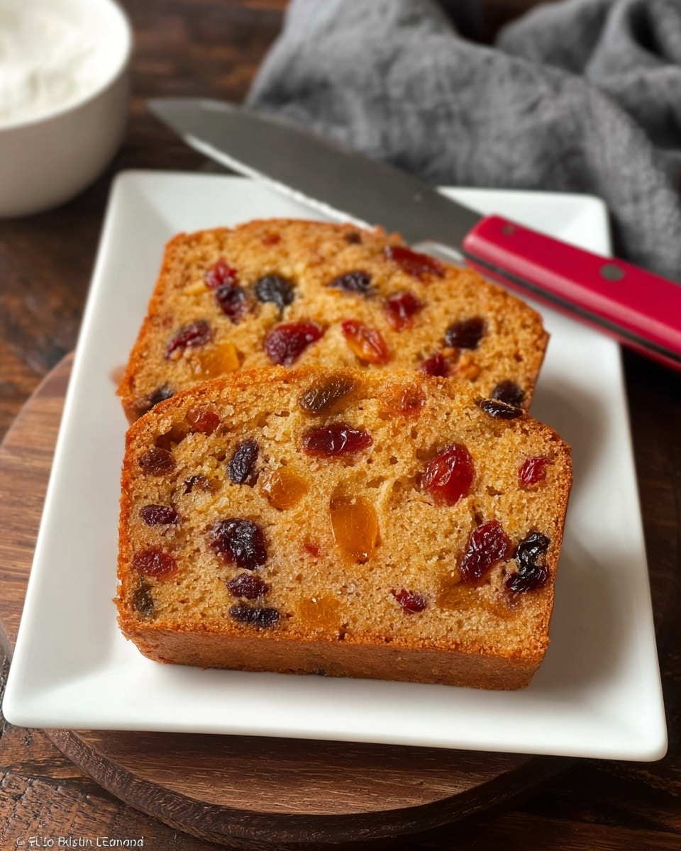 Two slices of fruit cake with a light brown crumb filled with visible pieces of dark red and golden dried fruit are placed overlapping on a white square plate. Behind the slices, a knife with a shiny blade and a red handle rests on the plate. The plate is set on a dark wooden surface, and a gray cloth is softly draped in the background. Photo taken with an iphone --ar 4:5 --v 7