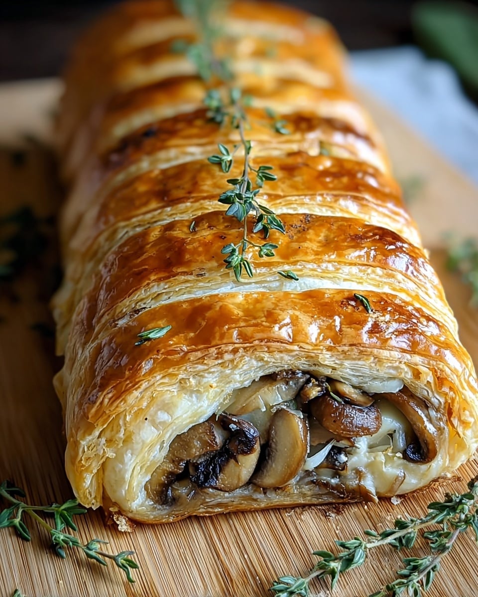 The image shows a close-up of a long puff pastry roll with a shiny golden-brown crust, made from several flaky layers visible on the edges. Inside the roll is a filling of sautéed mushrooms and onions, cooked to a soft texture with a light golden color, mixed with melted cheese that peeks out slightly from the pastry. Fresh green herb sprigs garnish the top of the pastry, adding a touch of color and freshness. The pastry sits on a wooden board with a few herbs scattered around. The photo taken with an iphone --ar 4:5 --v 7