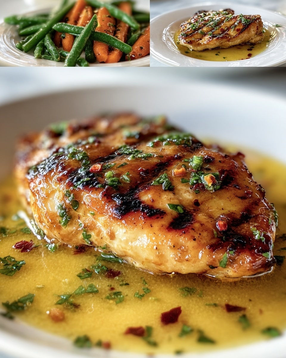 A close-up of a golden brown grilled chicken breast resting in a shallow pool of bright yellow sauce, garnished with small pieces of green herbs and tiny red chili flakes. The chicken has grill marks and looks juicy with a shiny glaze. In the background, there are two smaller images: the top left shows green beans mixed with small bits of onions and tomatoes on a white plate, and the top right shows a plain grilled chicken breast on a white plate with a bit of sauce. All plates sit on a white marbled surface. photo taken with an iphone --ar 4:5 --v 7