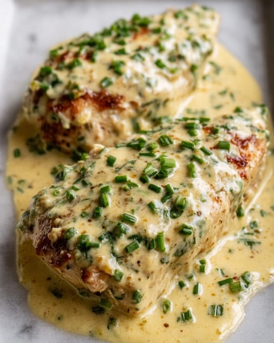 The image shows two cooked chicken breasts covered with a thick, creamy light yellow sauce that has green chopped herbs sprinkled on top. The chicken breasts are placed close together, and the sauce pools around them with a smooth texture. The chicken has a browned, slightly crispy surface visible under the sauce, and some small green herb pieces are scattered evenly. The dish sits on a white plate against a white marbled background, creating a clean and bright setting. Photo taken with an iphone --ar 4:5 --v 7