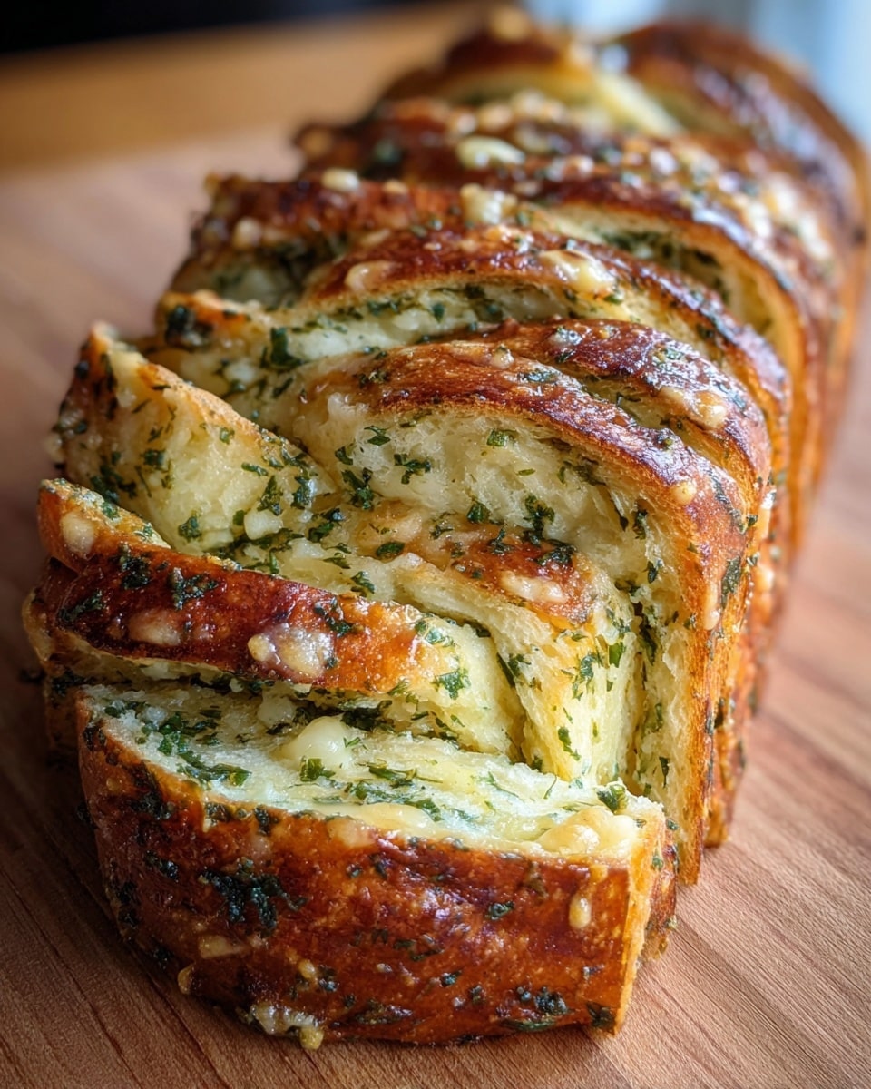 A close-up view of a loaf of garlic herb bread with multiple layers, each swirl showing a golden-brown crust and soft light-yellow dough inside. The layers alternate with green specks of chopped herbs and melted pale-yellow cheese, creating a marbled pattern throughout. The bread is sliced near the front, revealing a shiny, slightly crispy texture on the top and soft, fluffy interior with visible melted cheese patches and herb bits inside. The loaf rests on a wooden board with a blurred background, showing a warm and inviting atmosphere. Photo taken with an iphone --ar 4:5 --v 7
