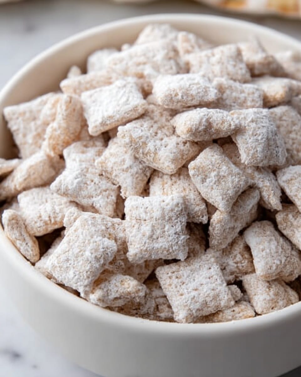 A white bowl filled with many small, square-shaped cereal pieces covered in a light, white powdery coating, giving them a soft and textured look, with the bowl placed on a white marbled surface. photo taken with an iphone --ar 4:5 --v 7